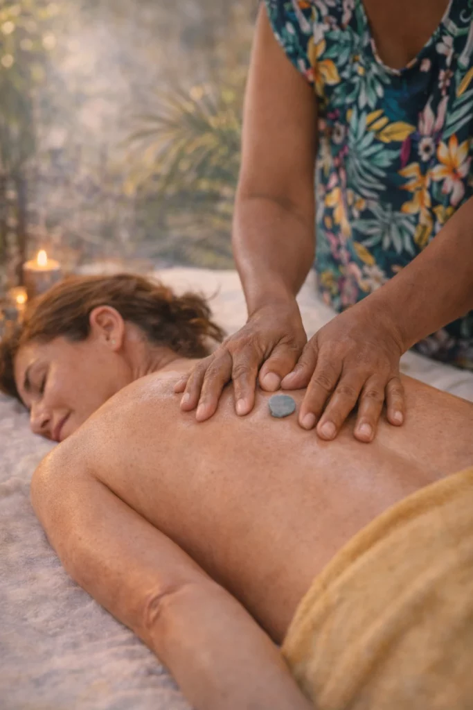 Massage fwotman des Antilles avec gestes traditionnels sur le dos dans une ambiance douce et chaleureuse