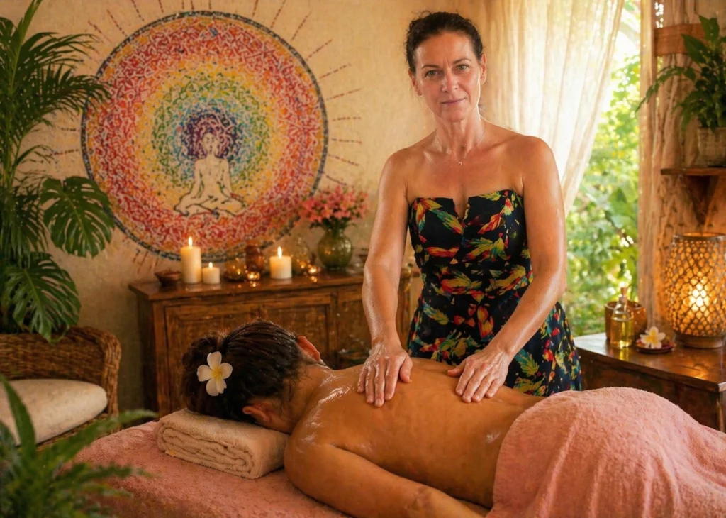 massage bien-être avec gestes enveloppants réalisés par une praticienne dans une ambiance douce et chaleureuse aux inspirations tropicales