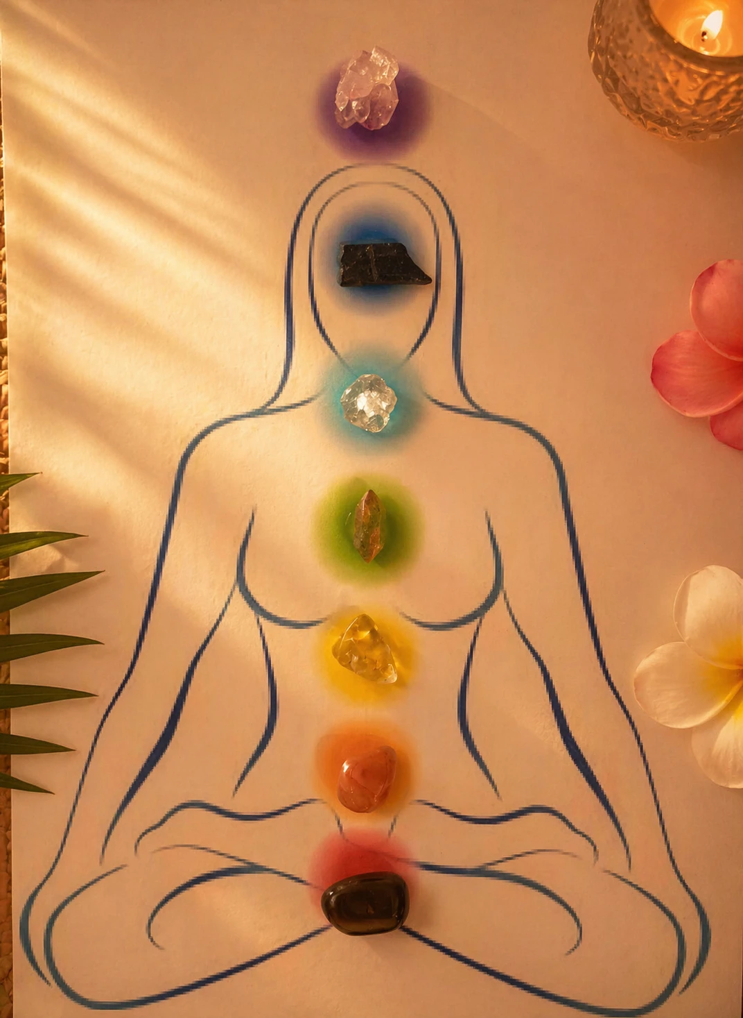 Silhouette d’un corps en position de méditation, dessinée en traits bleus sur un fond clair et chaleureux. Des pierres semi-précieuses colorées sont disposées le long du corps, au niveau des chakras, du sommet de la tête jusqu’au bassin. Une bougie allumée, des fleurs et des éléments végétaux créent une ambiance douce, apaisante et sensorielle.