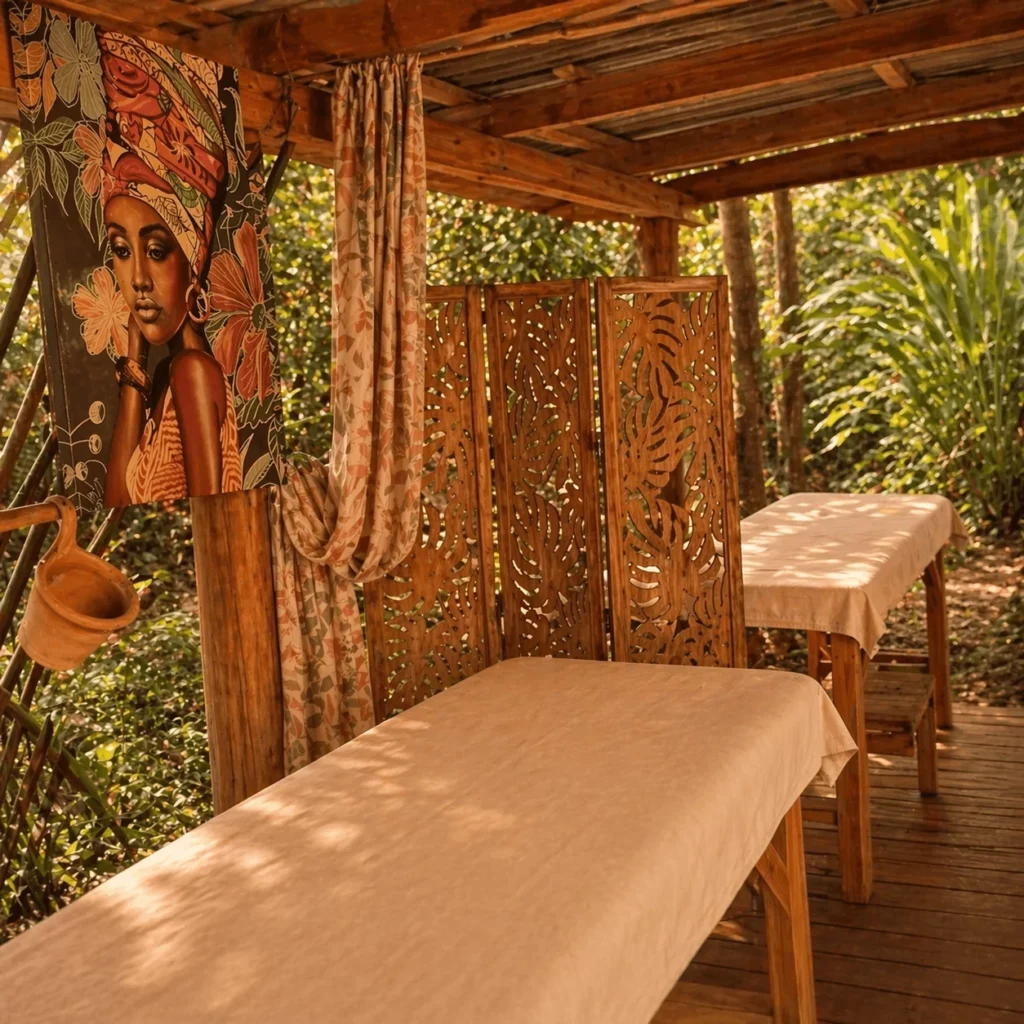 Cabane de massage bien-être en bois ouverte sur la nature, avec deux tables de soin et une ambiance tropicale chaleureuse aux couleurs douces, dans les Cévennes à Saint-Jean-du-Gard