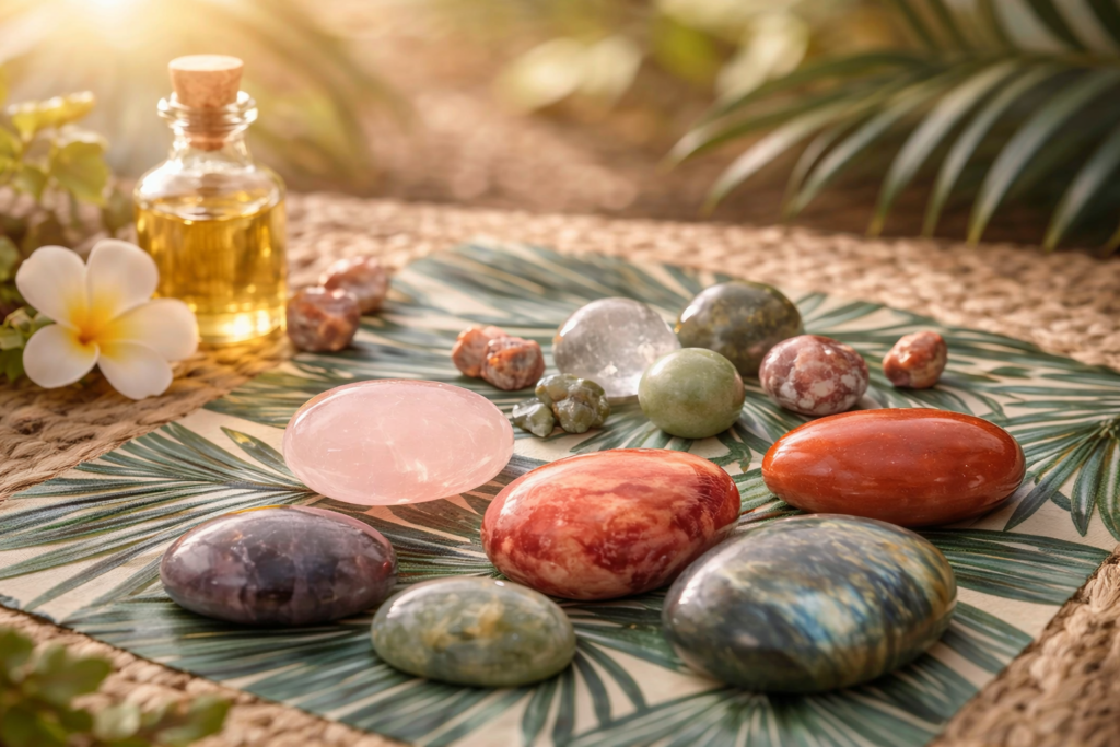 pierres semi-précieuses et huile de massage dans une ambiance tropicale pour un rituel bien-être dans les Cévennes