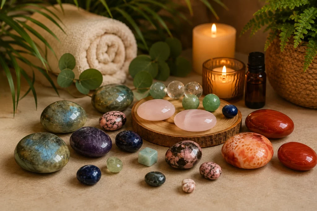 Pierres semi-précieuses et huiles essentielles dans une ambiance tropicale douce pour un massage bien-être aux Cévennes, Les Sens Antillais.