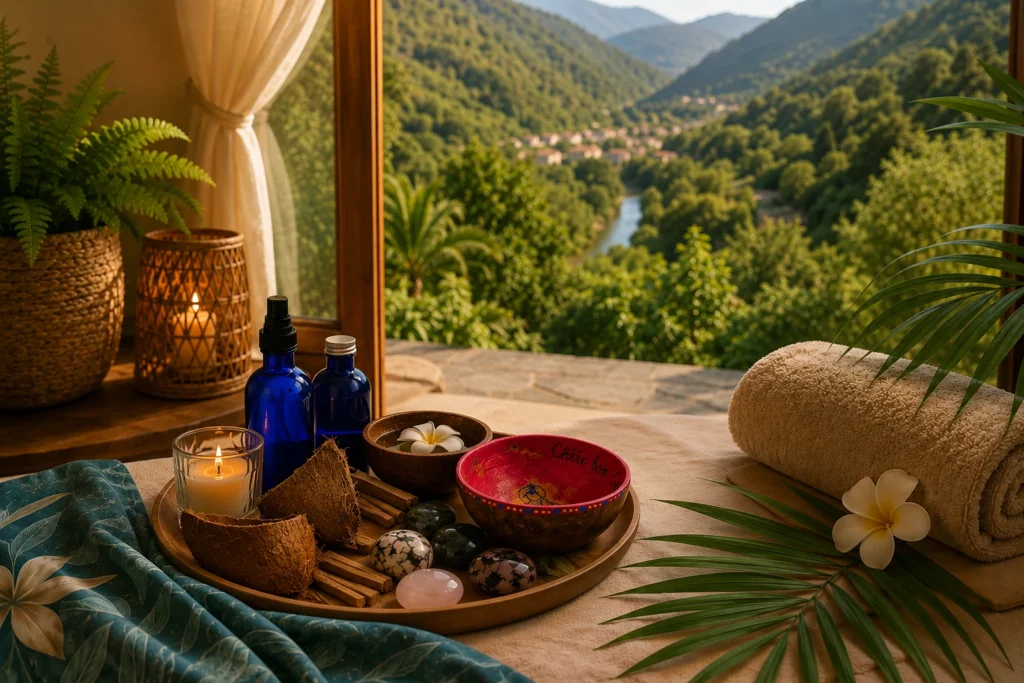 Ambiance de massage bien-être tropicale avec pierres semi-précieuses, huiles essentielles et vue apaisante sur les Cévennes chez Les Sens Antillais.