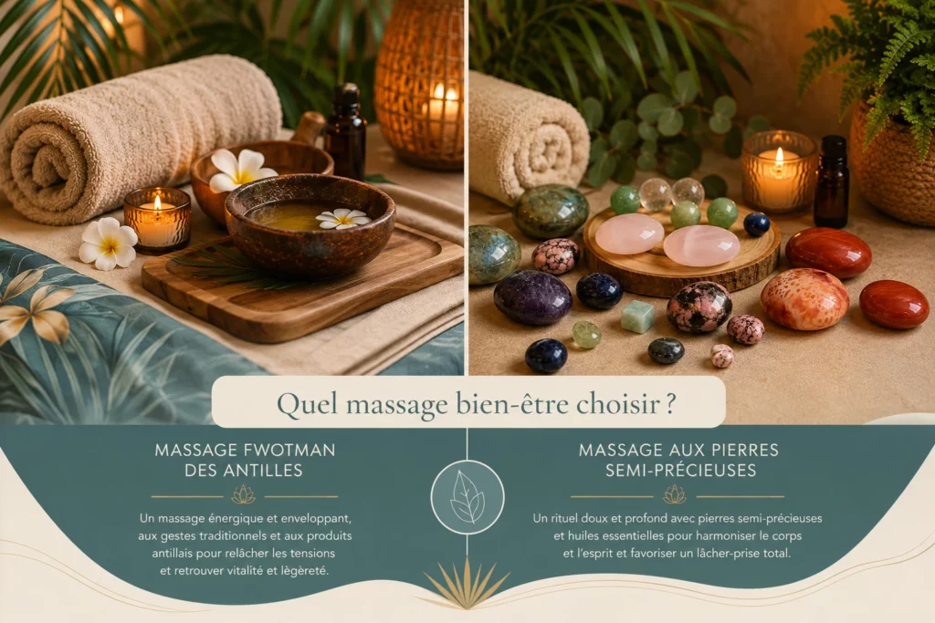 Ambiance bien-être tropicale présentant deux univers de massage : massage fwotman des Antilles et massage aux pierres semi-précieuses chez Les Sens Antillais dans les Cévennes.